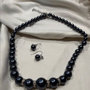 Elegant Navy Blue beaded Necklace and Earring Set with rhinestones.